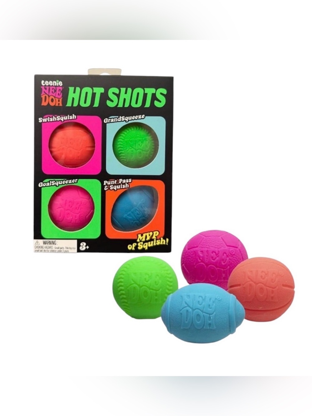 Needoh Hot Shots Teenie 4 pack Squishy Squeezy Fidget Toy Pink Blue Football - Picture 6 of 14